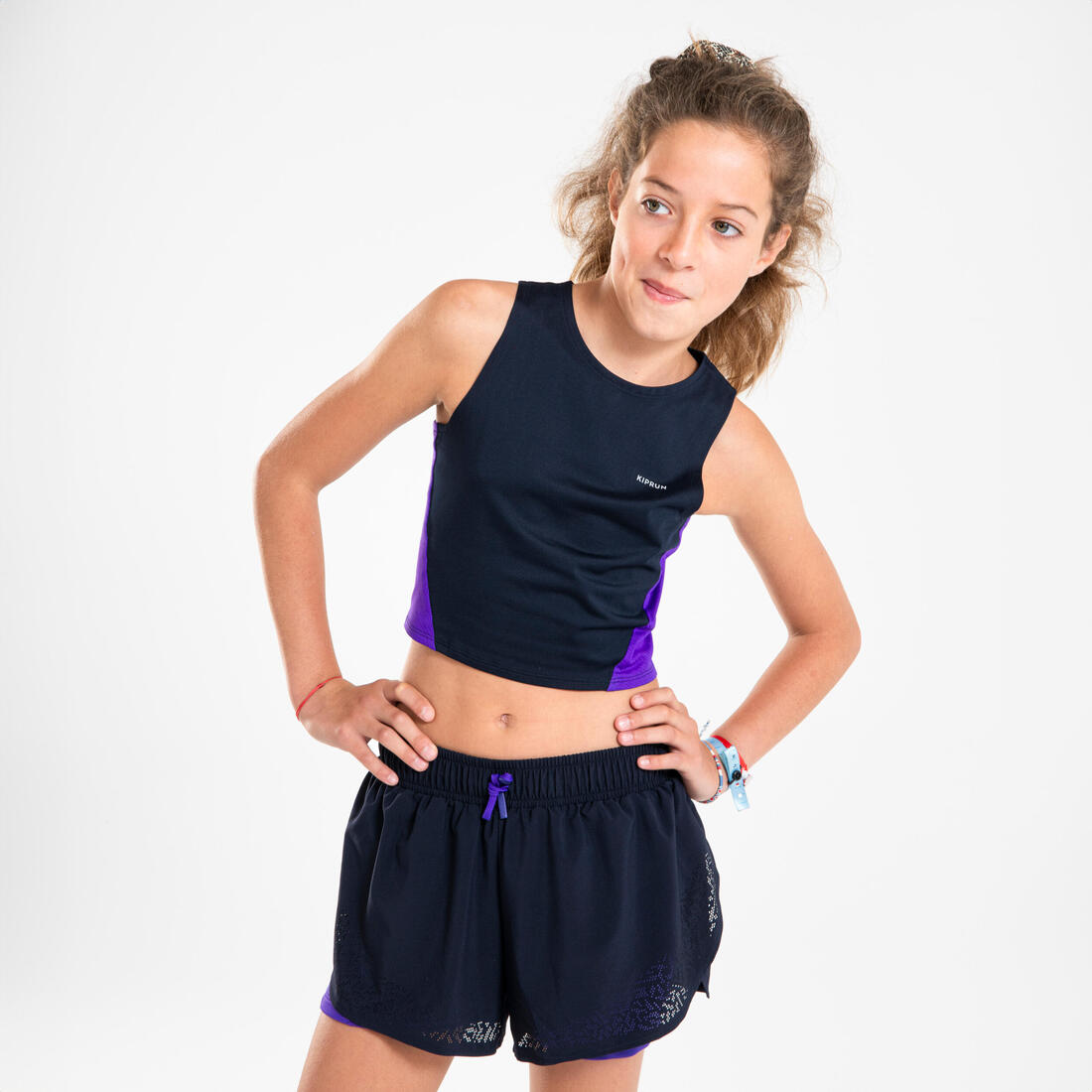 Short cuissard de running respirant Fille - KIPRUN DRY+ 2 en 1 marine et
