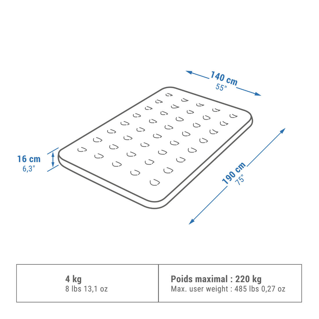Matelas gonflable de camping 2 personnes, 190x140 cm, Air basic