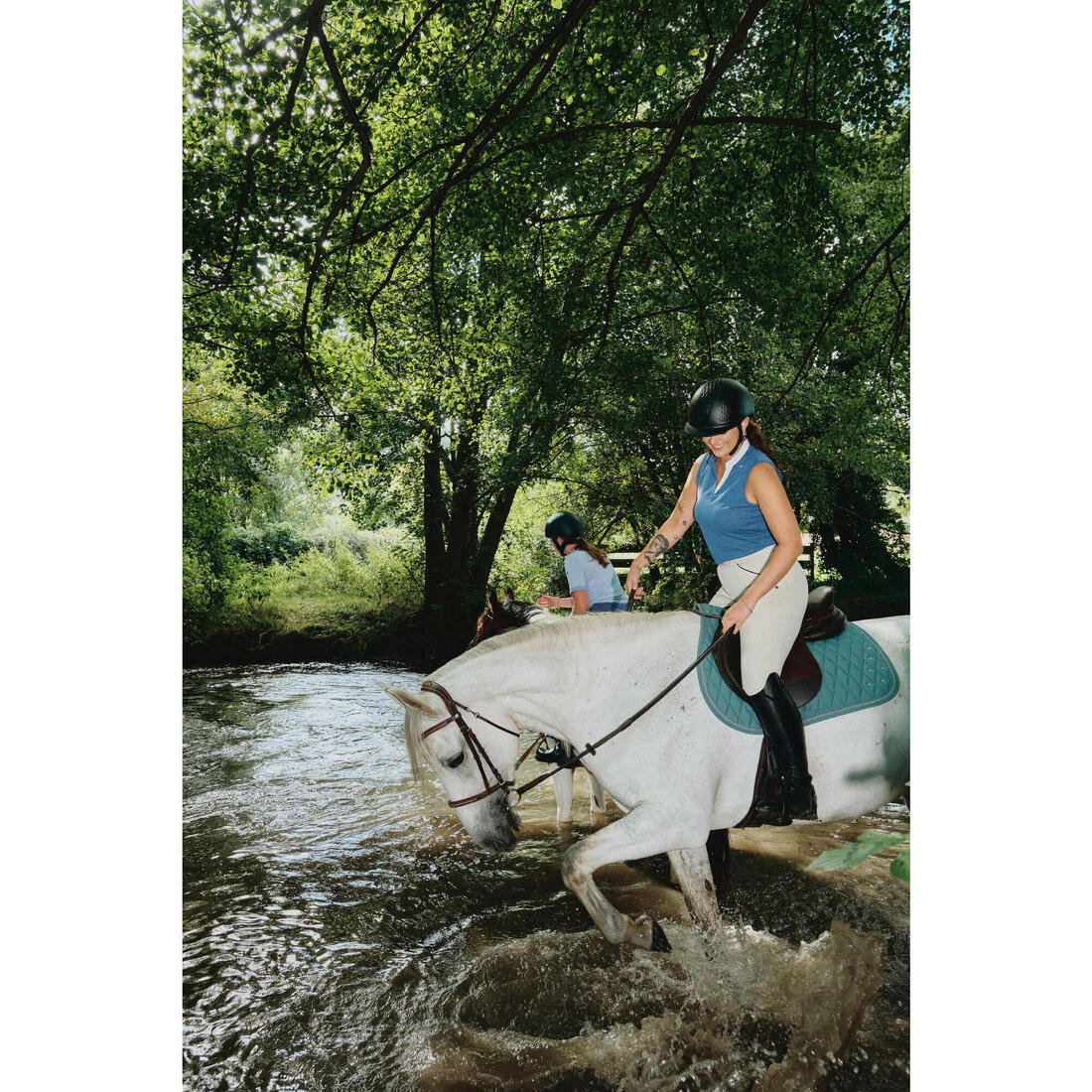 Débardeur équitation femme 500 MESH beige print