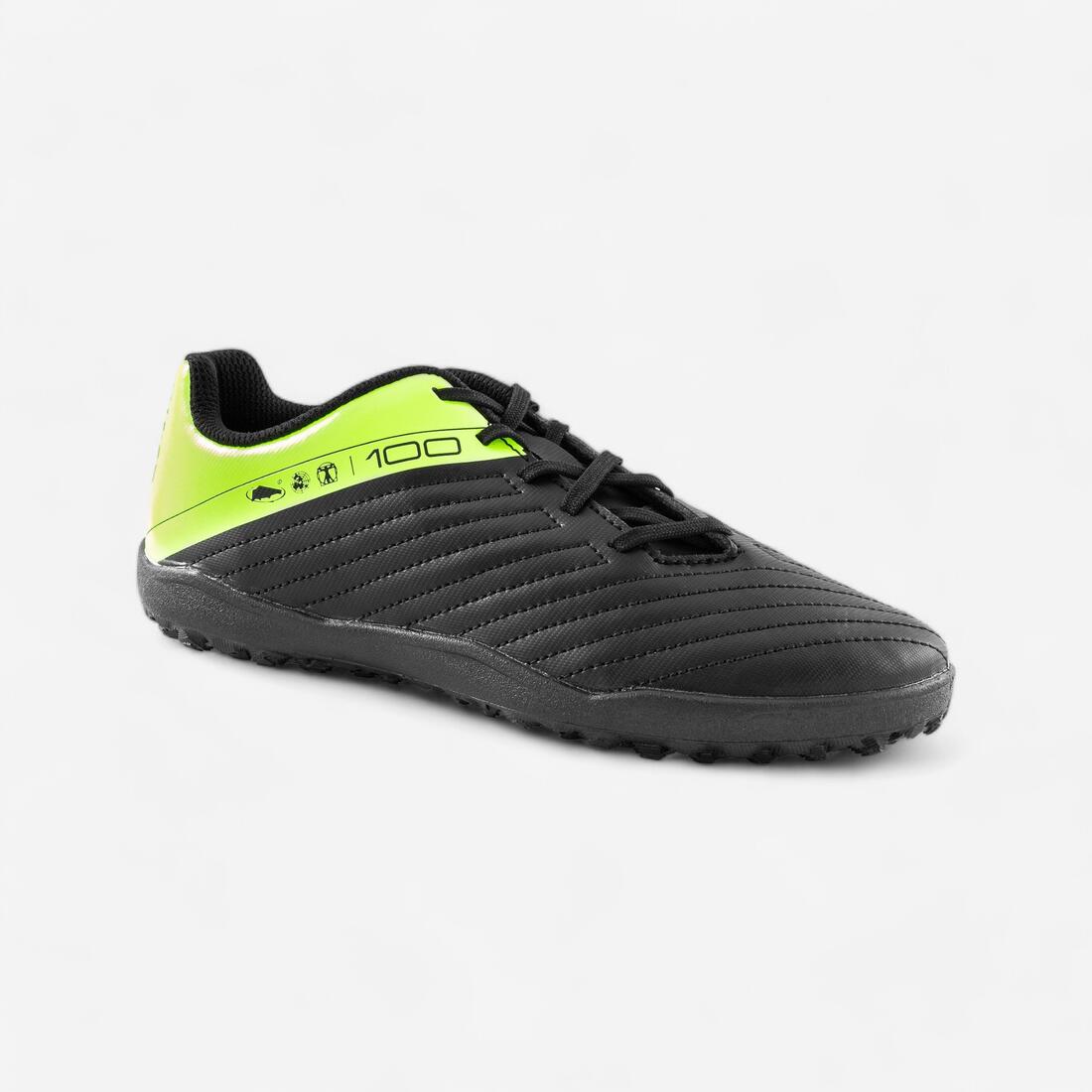 CHAUSSURES DE FOOTBALL ENFANT A LACETS 100 TURF TF NOIR ET JAUNE