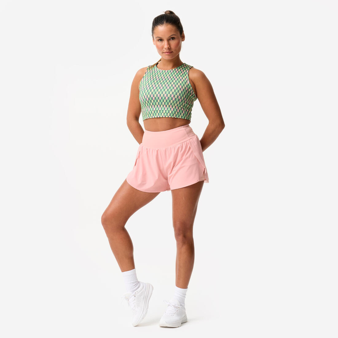 Short de sport double couche femme, gris foncé