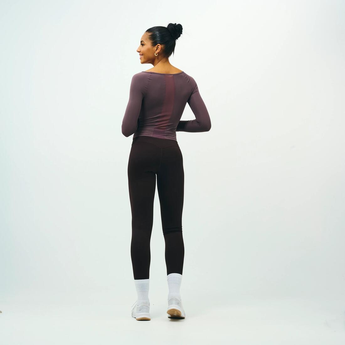 Legging de sport galbant femme, Collection limitée Pilates violet foncé