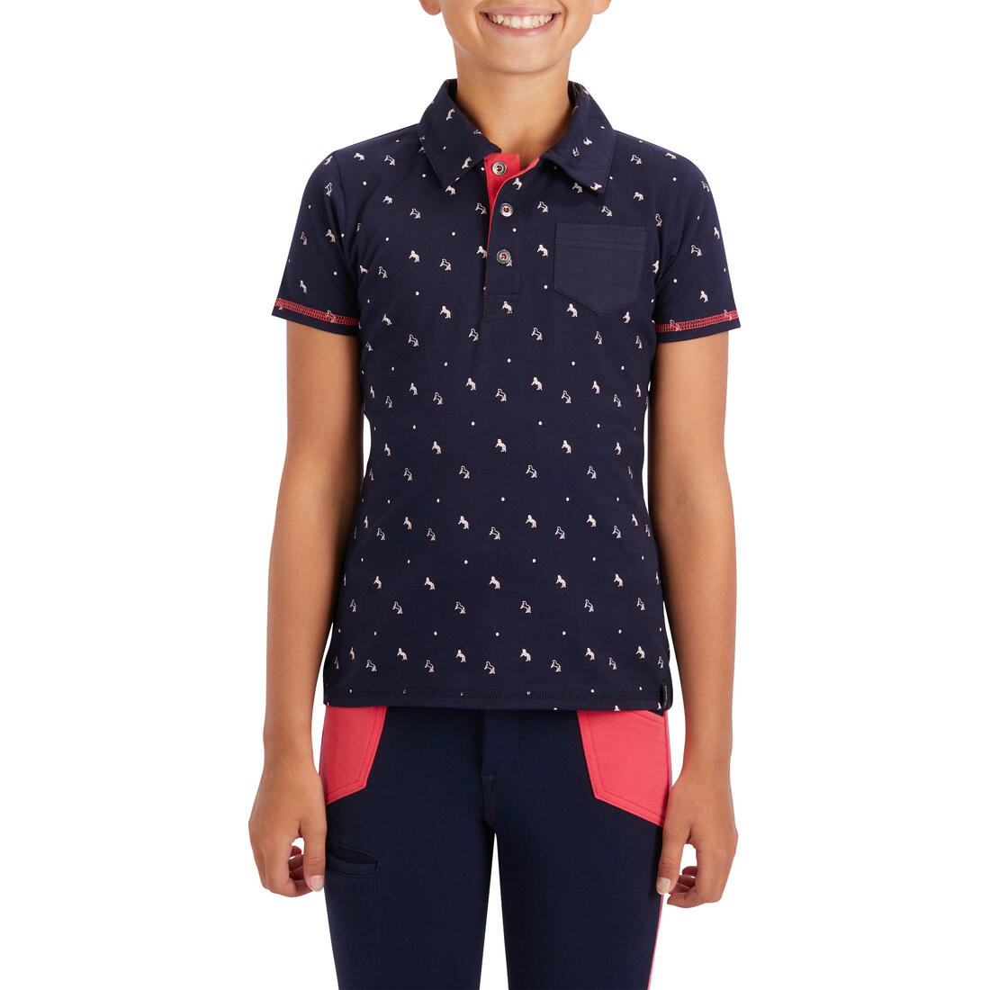 Polo manches courtes équitation fille 140 PONY bleu pétrole motifs turquoise