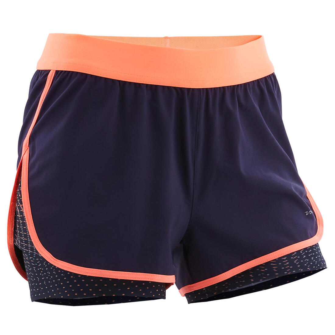 Short 2 en 1 multisport respirant fille, imprimé bleu et corail – bleu marine