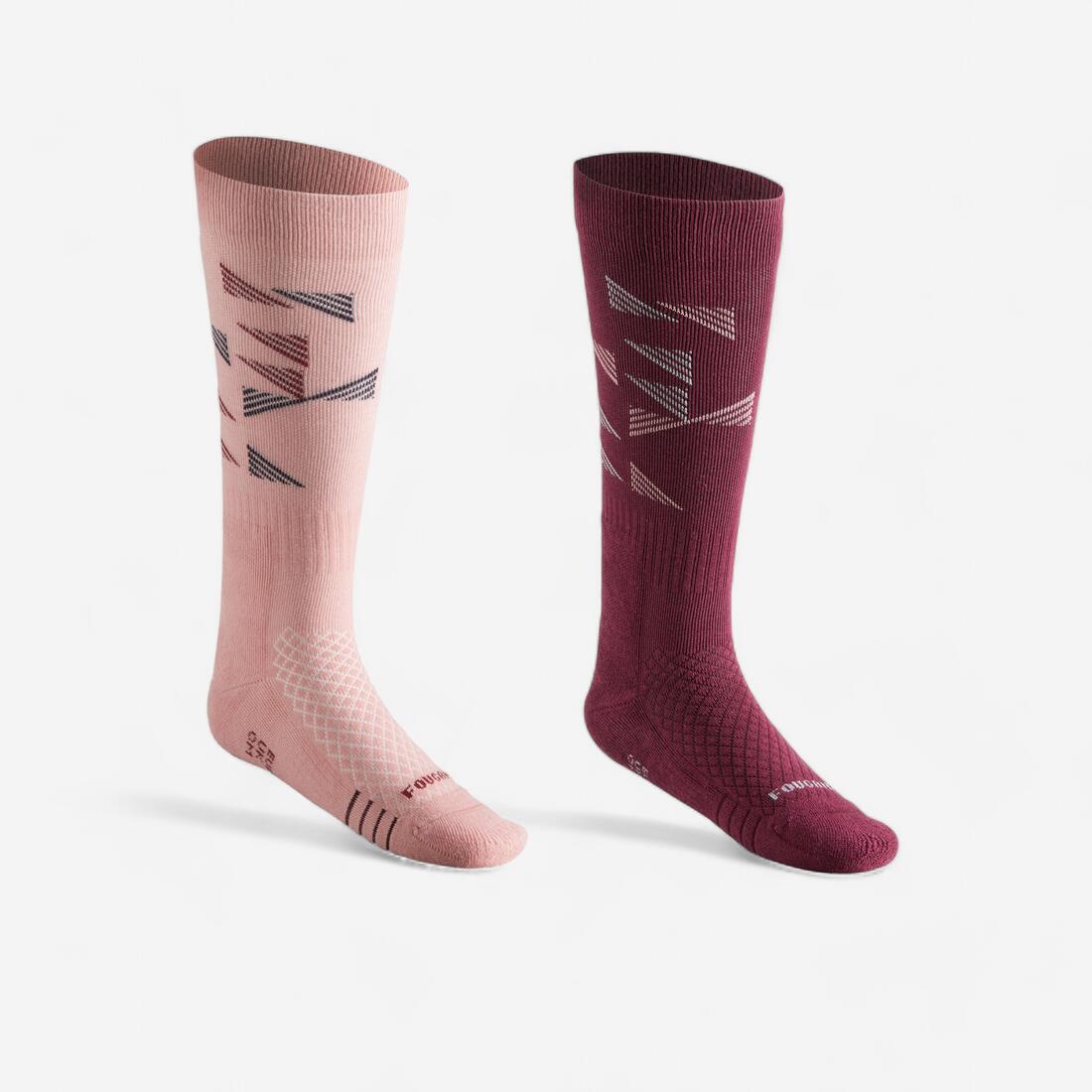 Chaussettes d'équitation enfant SKS 500 motifs Graph rose clair et prune.