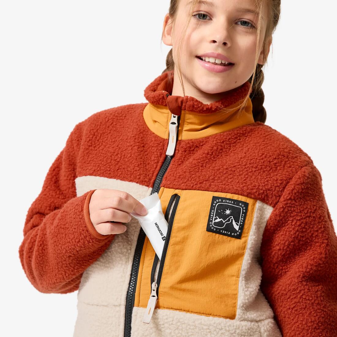 Veste polaire sherpa chaude enfant 7-15 ans, NH 900 beige, noir et