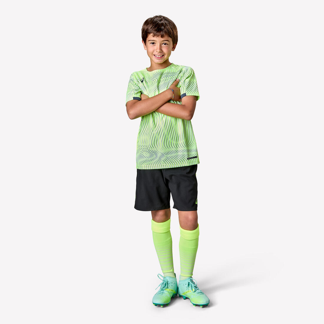 MAILLOT DE FOOTBALL ENFANT MANCHES COURTES VIRALTO  WAVE JAUNE FLUO, GRIS ,NOIR