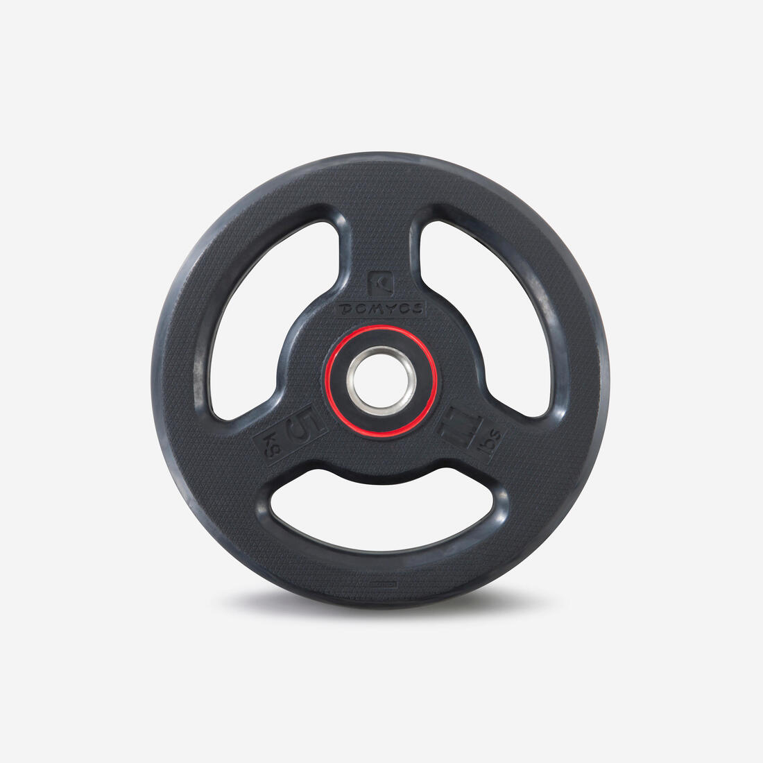 Disque musculation en caoutchouc 5kg 28mm avec poignées, fonte en partie recyclé