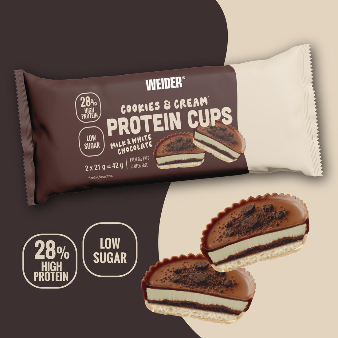 Coupelles protéinées cookie & cream enrobées chocolat au lait, 2x21g