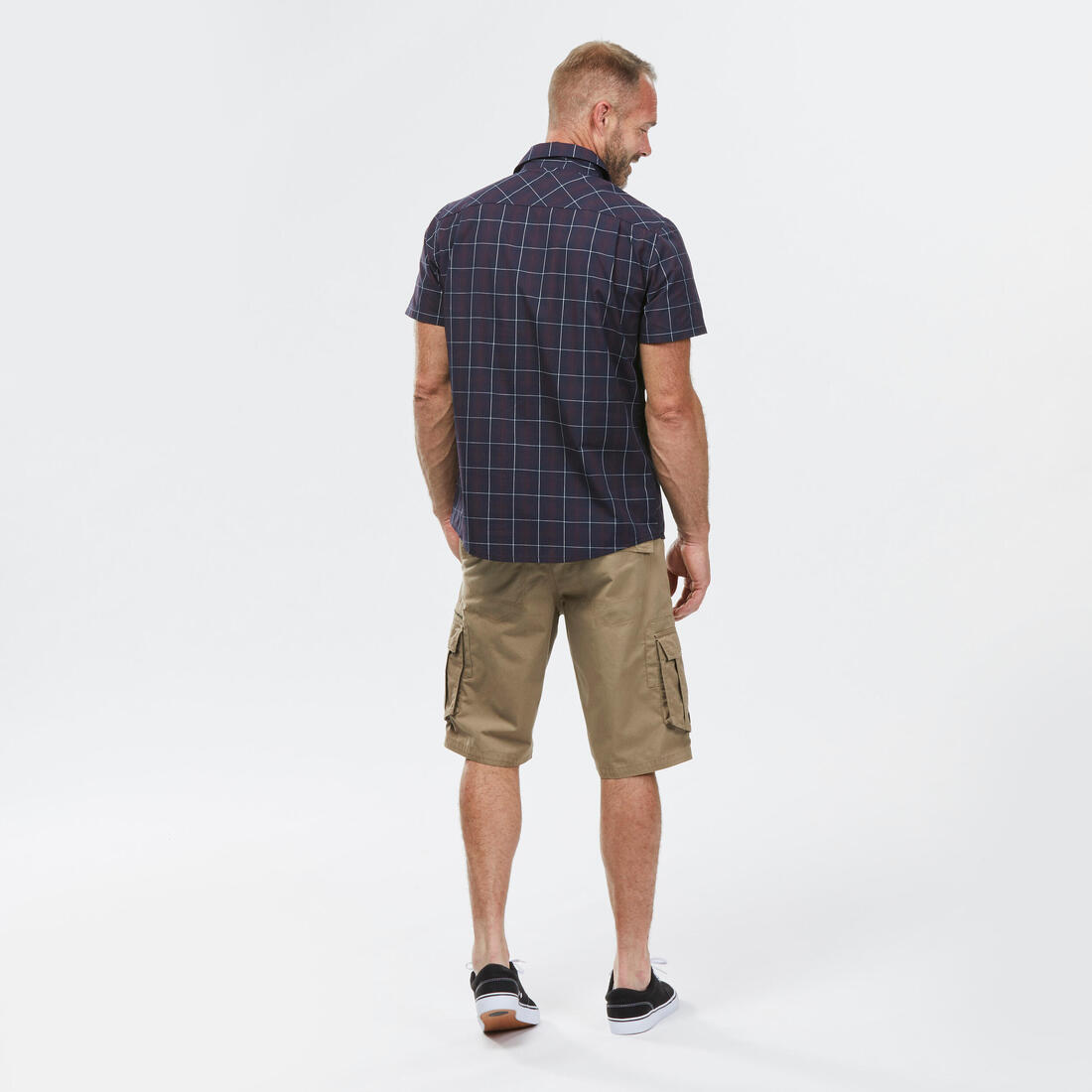 Chemise de Trekking voyage TRAVEL 100 carreaux manches courtes blanche homme