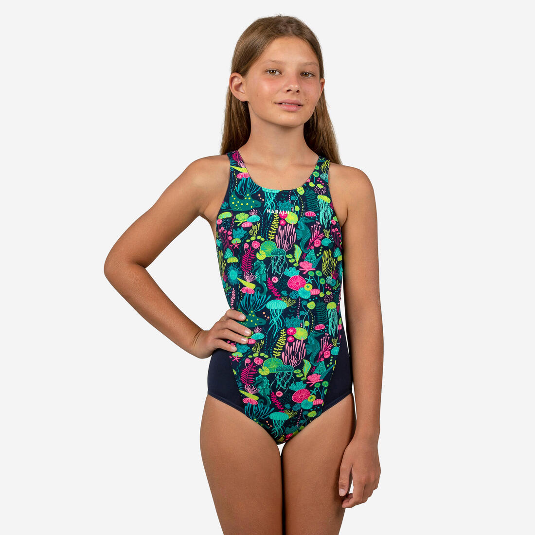 Maillot de bain 1 pièce natation Fille ado - 500 Kamiye algues