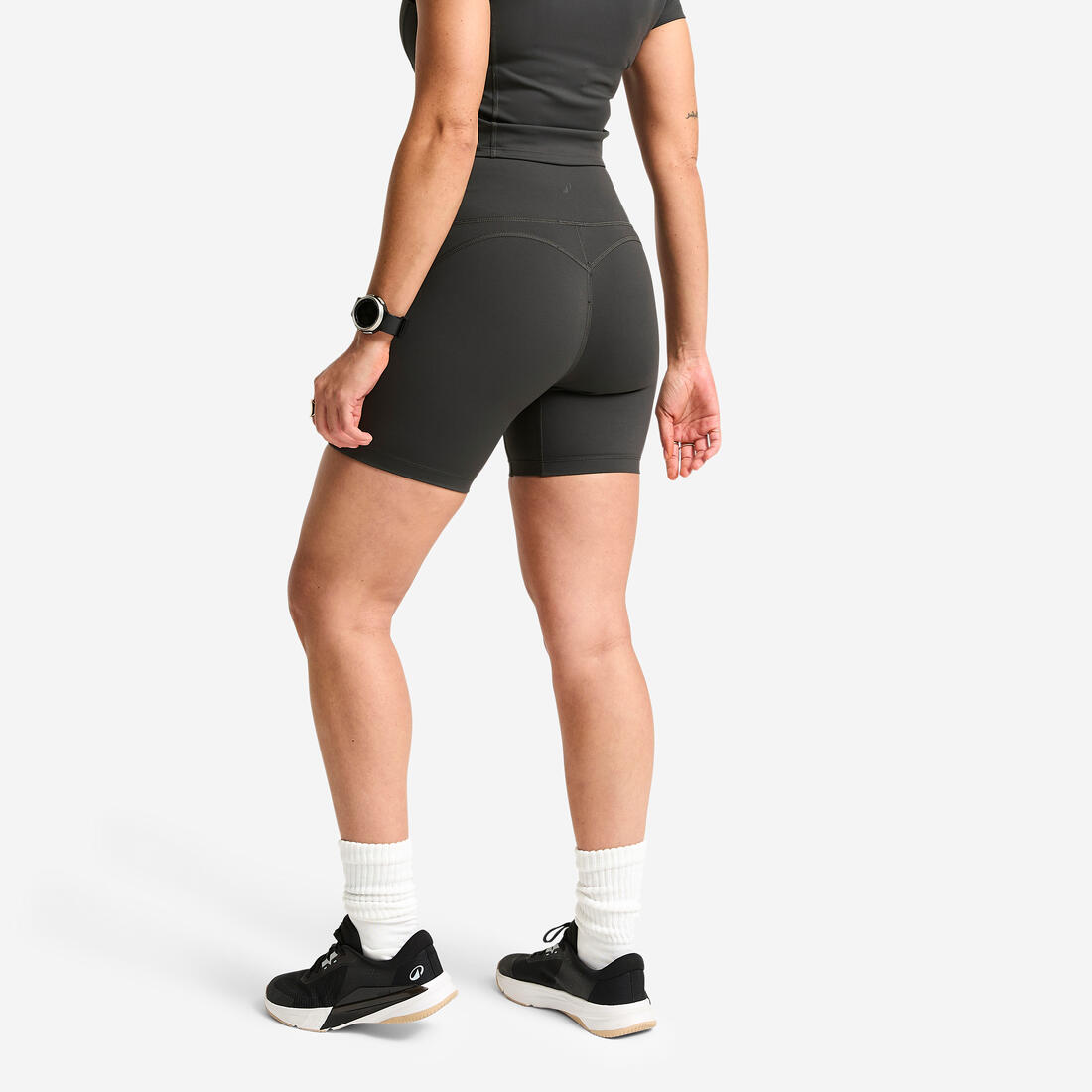 Short de sport taille haute mi-cuisses femme, Shape gris foncé