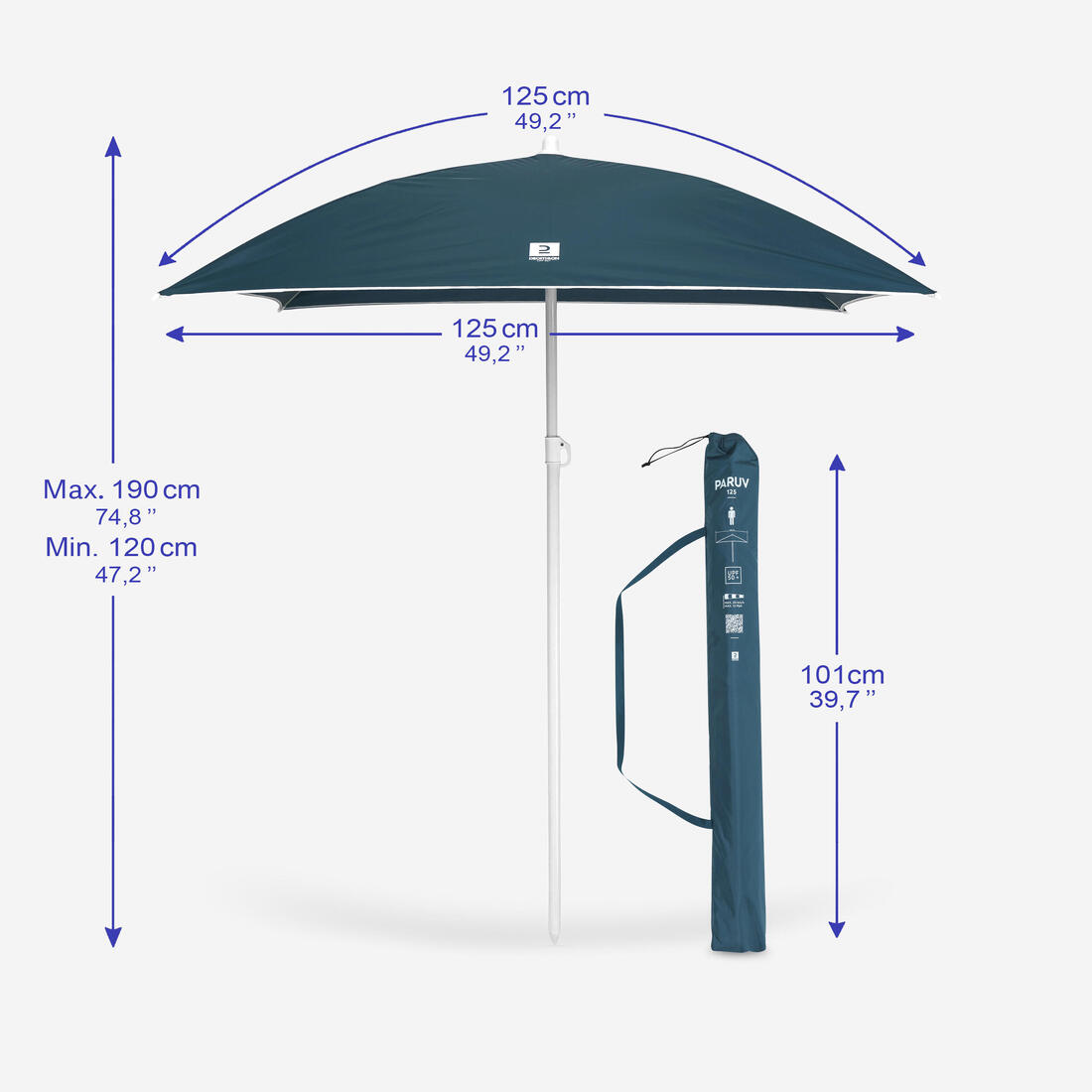 Parasol de plage carré 1 place upf 50+ - paruv 125 bleu