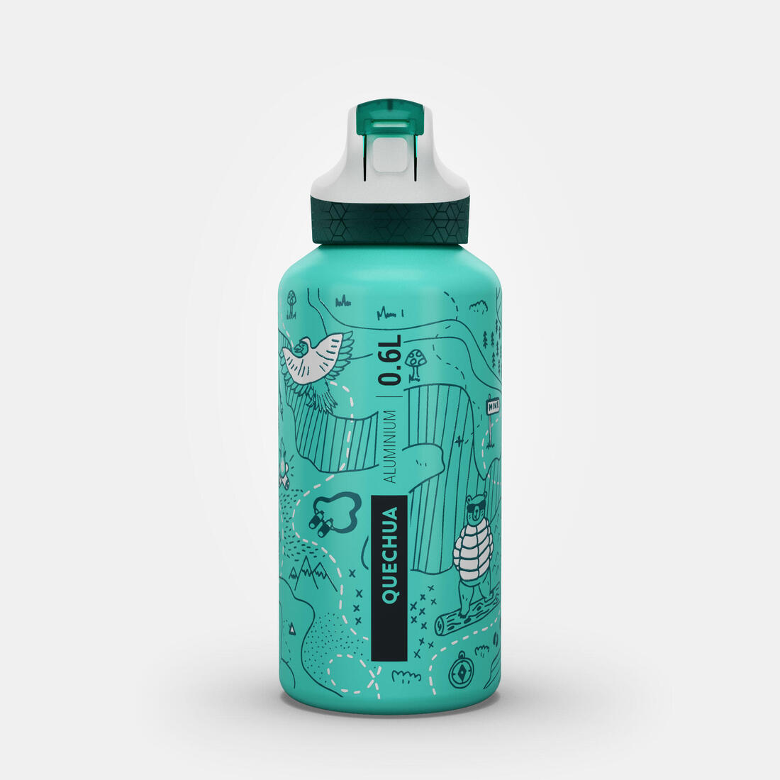 Gourde alu enfant 0,6L, bouchon instantané, pipette et paille, en alu recyclé
