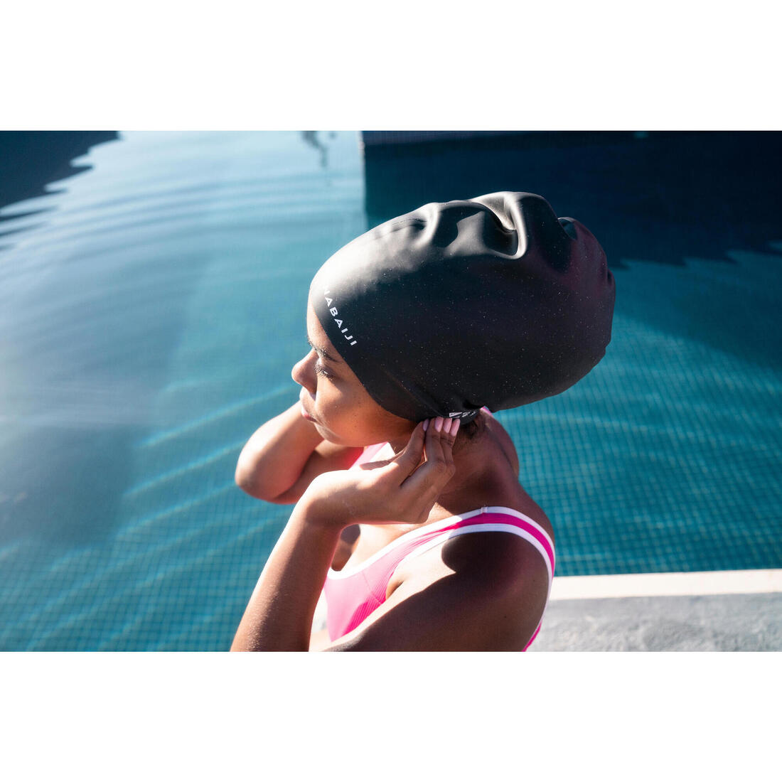 Bonnet de Bain en Silicone - Taille Unique - Cheveux Volumineux - Noir