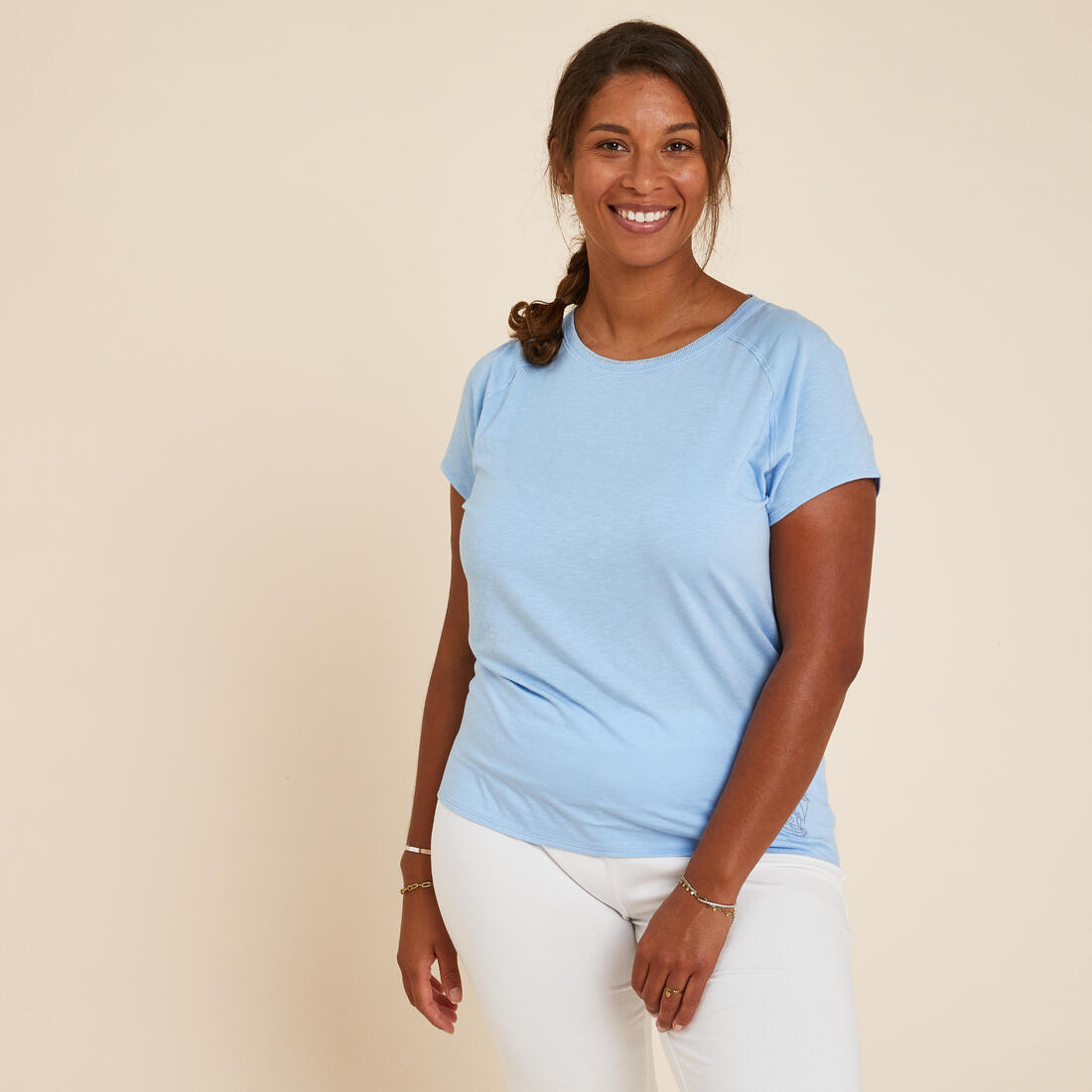 T-shirt yoga doux femme en coton – bleu flocon