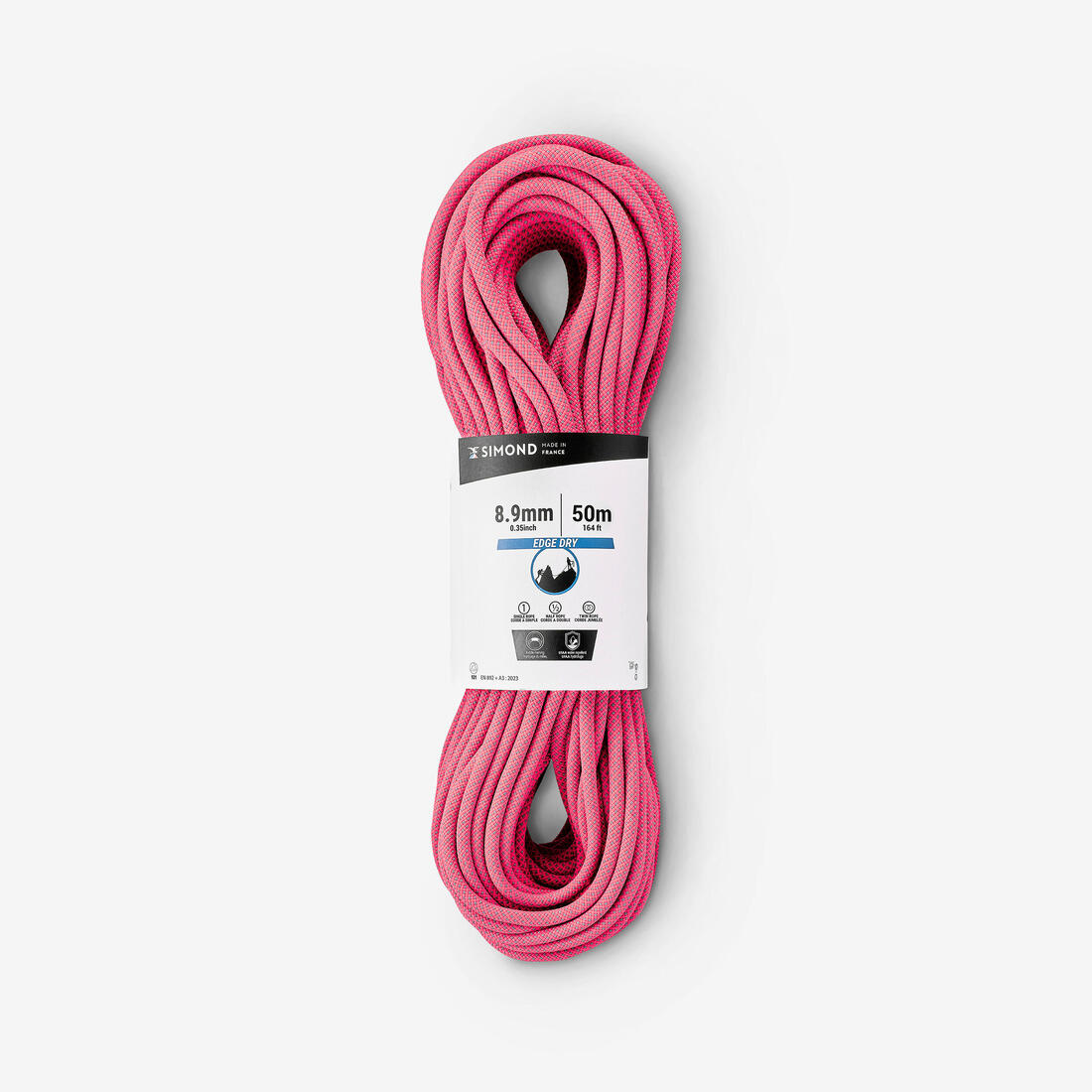 CORDE DRY TRIPLE NORME D'ESCALADE ET D'ALPINISME  8.9 mm x 50 m - EDGE DRY ROSE – gris rivière