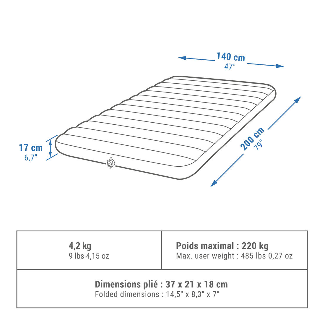 Matelas gonflable de camping 2 personnes, 200x140cm, Air comfort