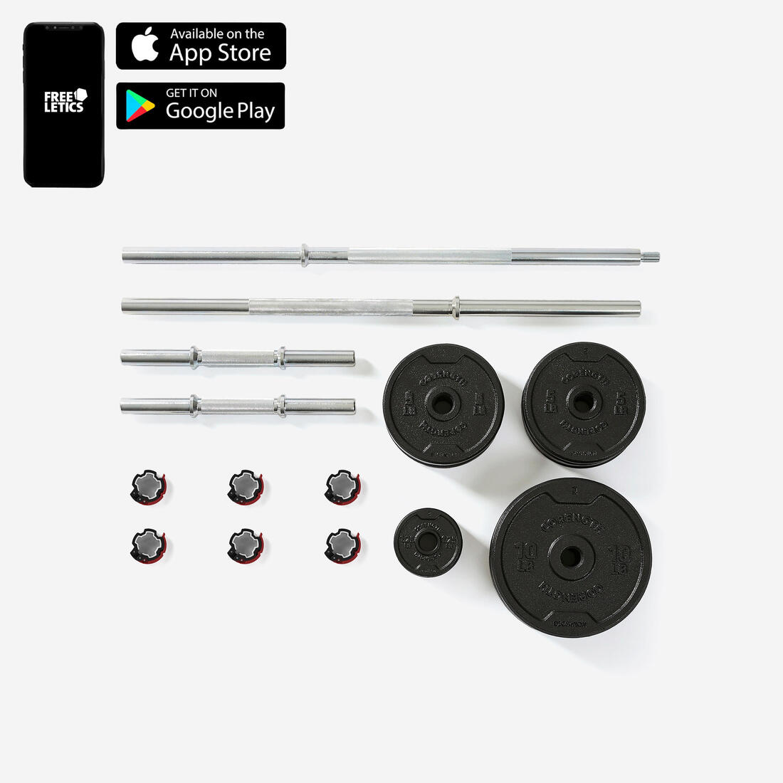 Kit 50 kg haltères et barre musculation avec disque de fonte en partie recyclée
