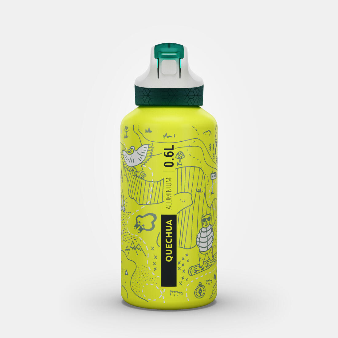 Gourde alu enfant 0,6L, bouchon instantané, pipette et paille, en alu recyclé