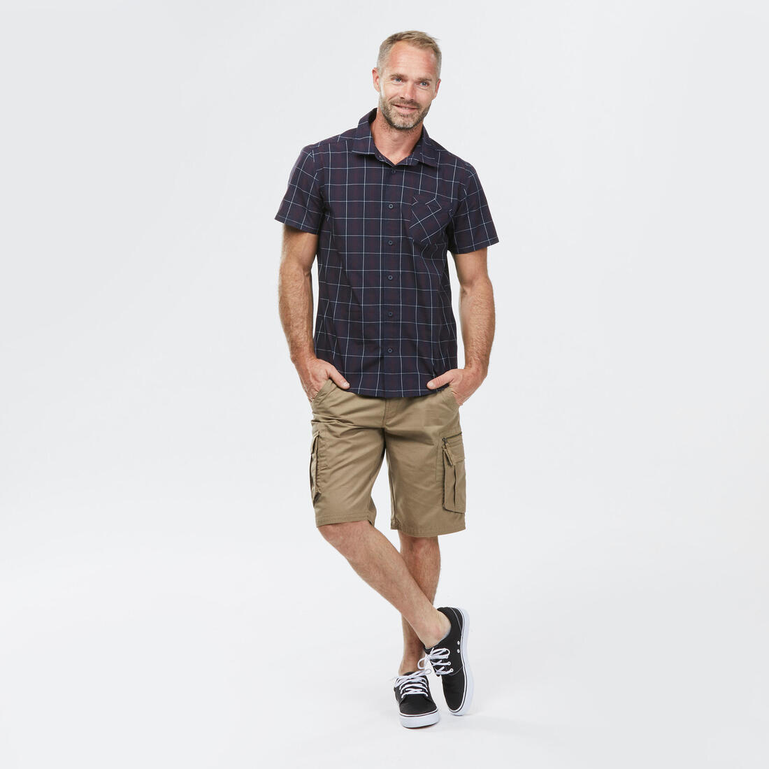 Chemise de Trekking voyage TRAVEL 100 carreaux manches courtes blanche homme