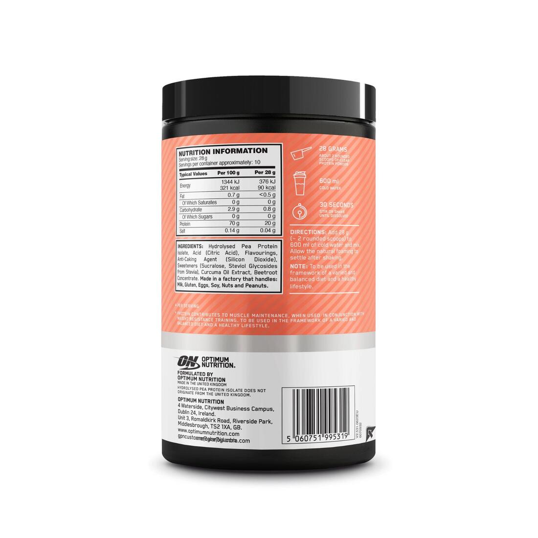 Optimum nutrition clear protein 100% plant protein isolate - juicy peach 280g