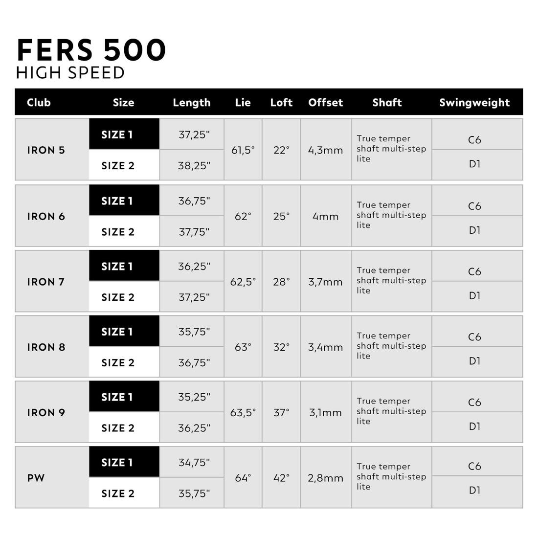 Série fers golf droitier VITESSE RAPIDE / REGULAR acier, 500