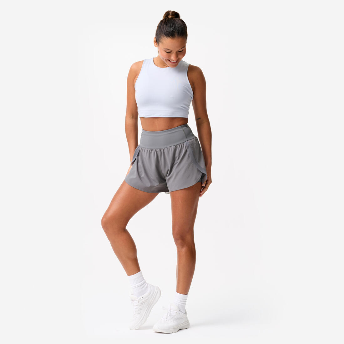 Short de sport double couche femme, gris foncé