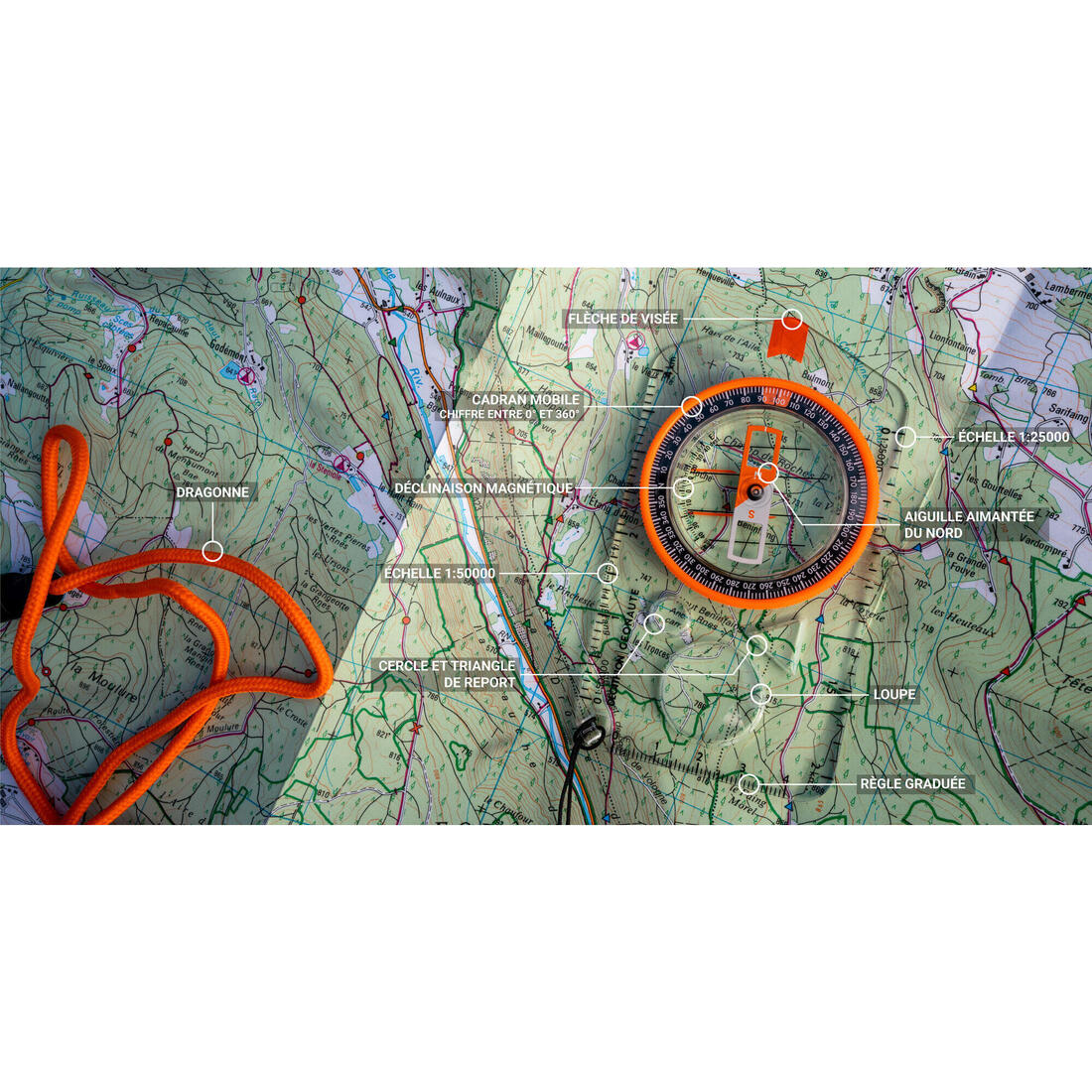 Boussole plaquette de randonnée et course d'orientation Explorer 500 ORANGE