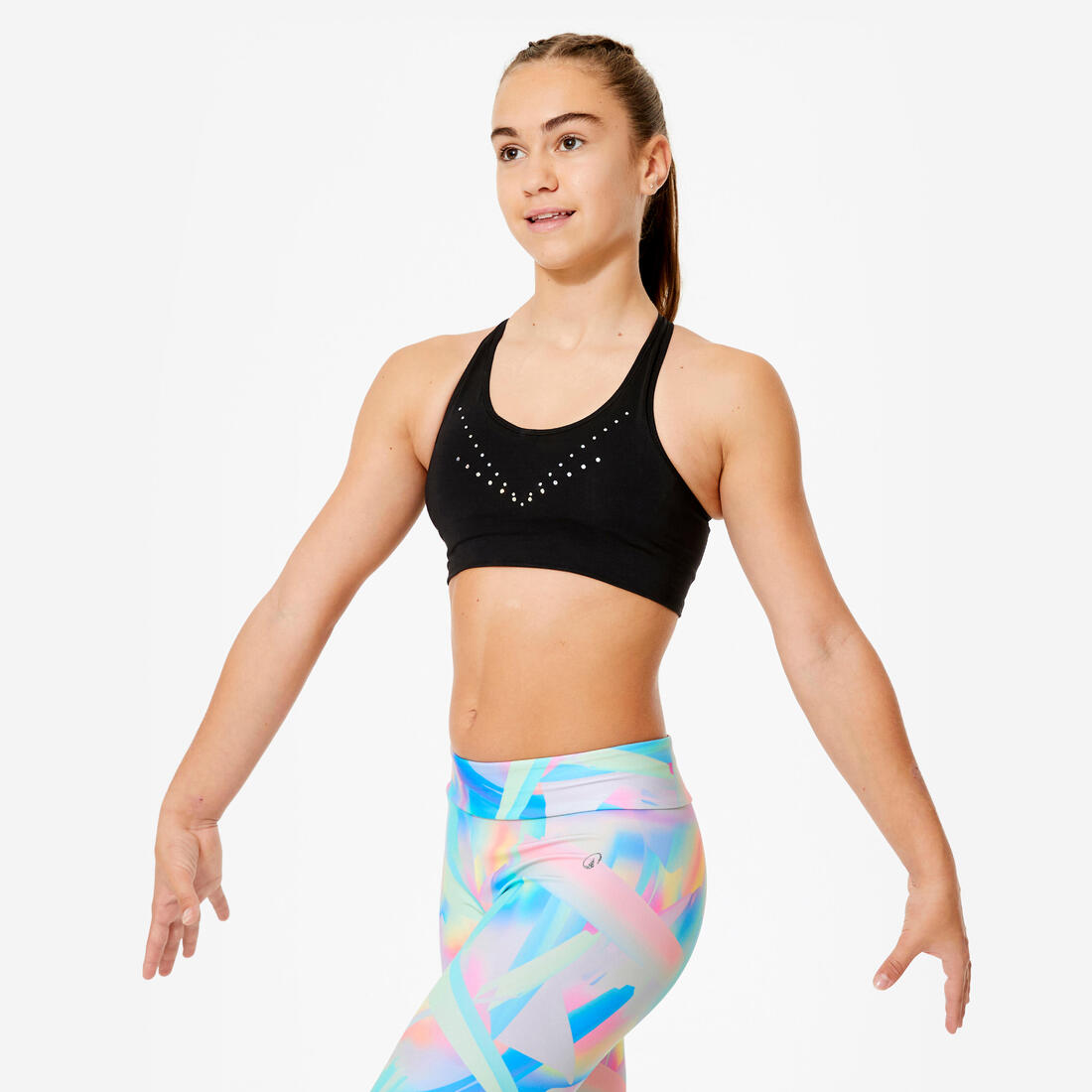Brassière de gym respirante fille, noire à sequins