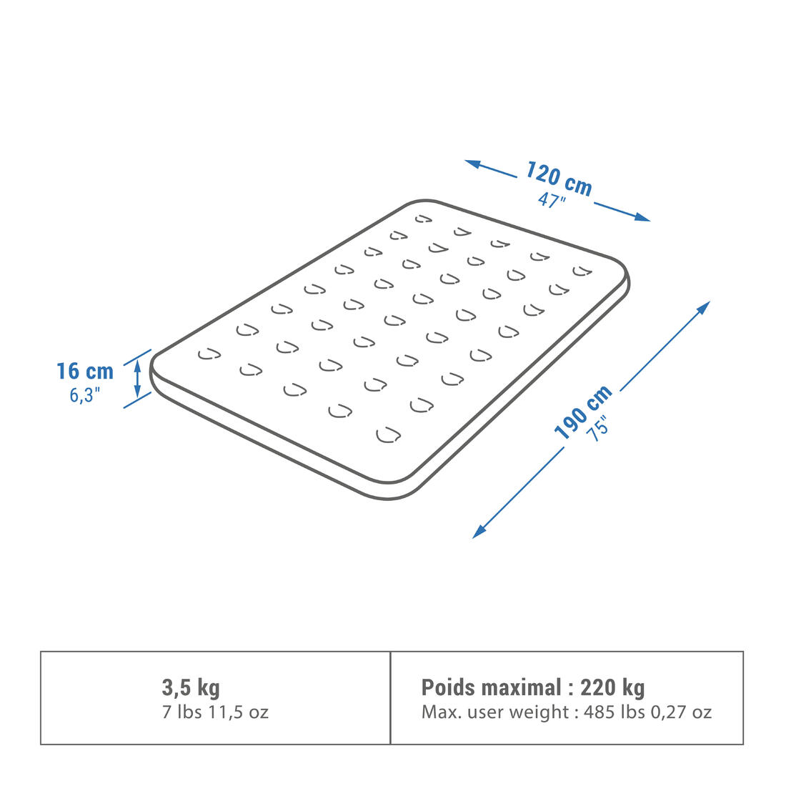 Matelas gonflable de camping 2 personnes, 190x120 cm, Air basic