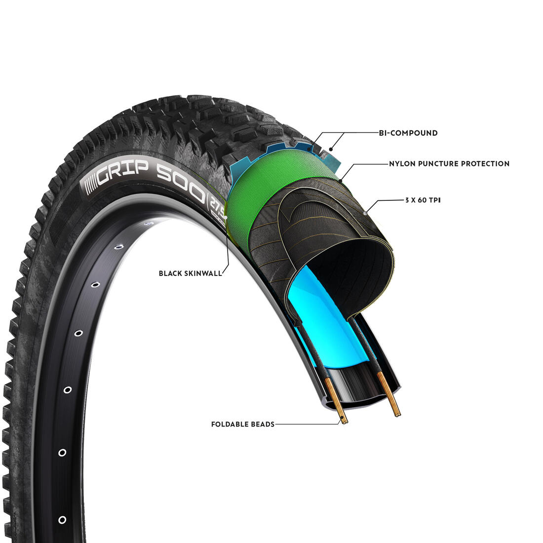Pneu VTT Rockrider GRIP 500 E+ 27,5' x 2,6