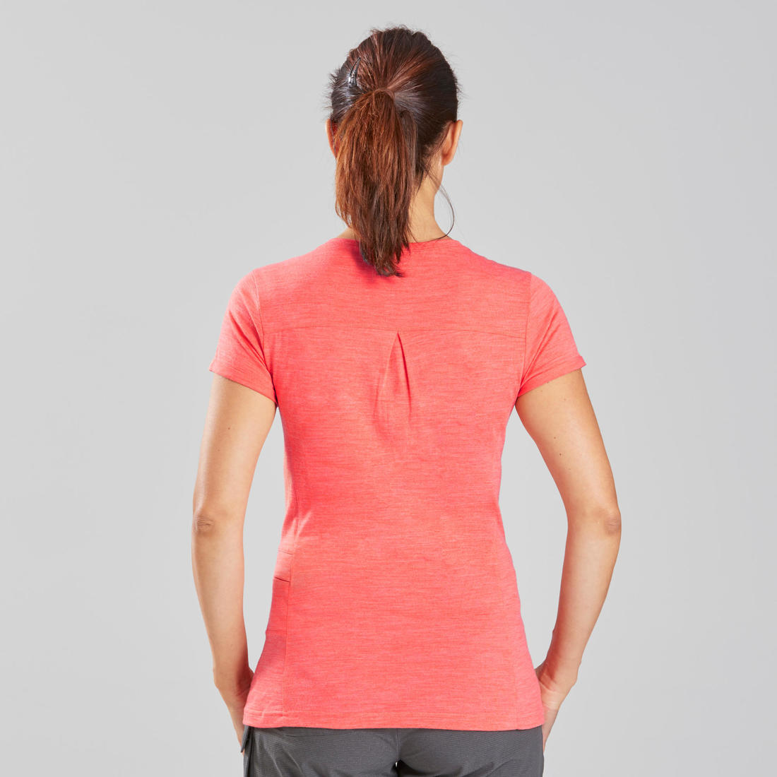 T-shirt de trek voyage - manches courtes - laine mérinos TRAVEL 500 corail Femme