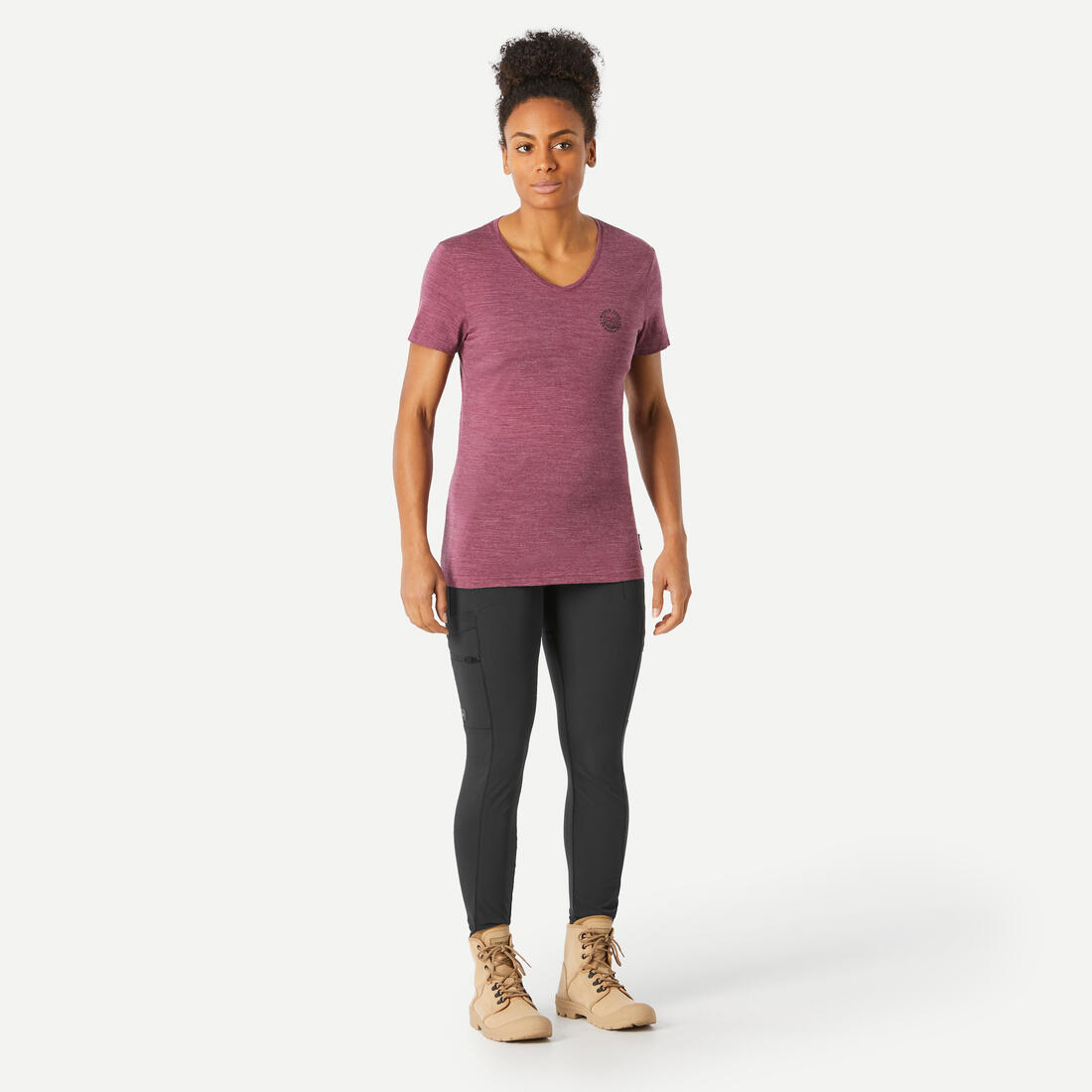 T-shirt de trek voyage - manches courtes - laine mérinos TRAVEL 100 bleu Femme