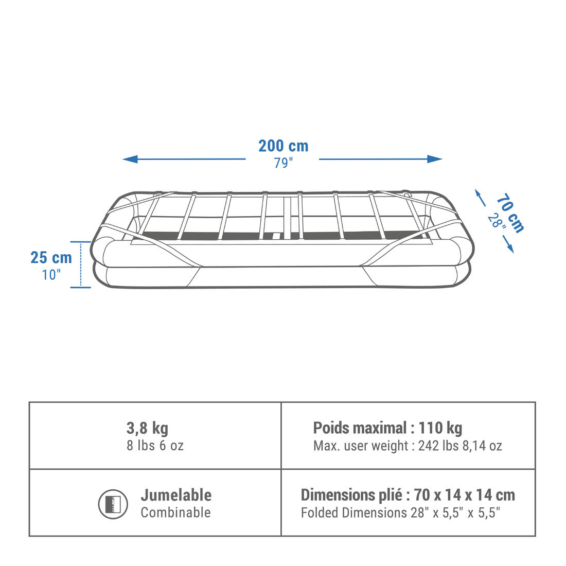 SOMMIER GONFLABLE DE CAMPING - CAMP BED AIR 70 CM - 1 PERSONNE