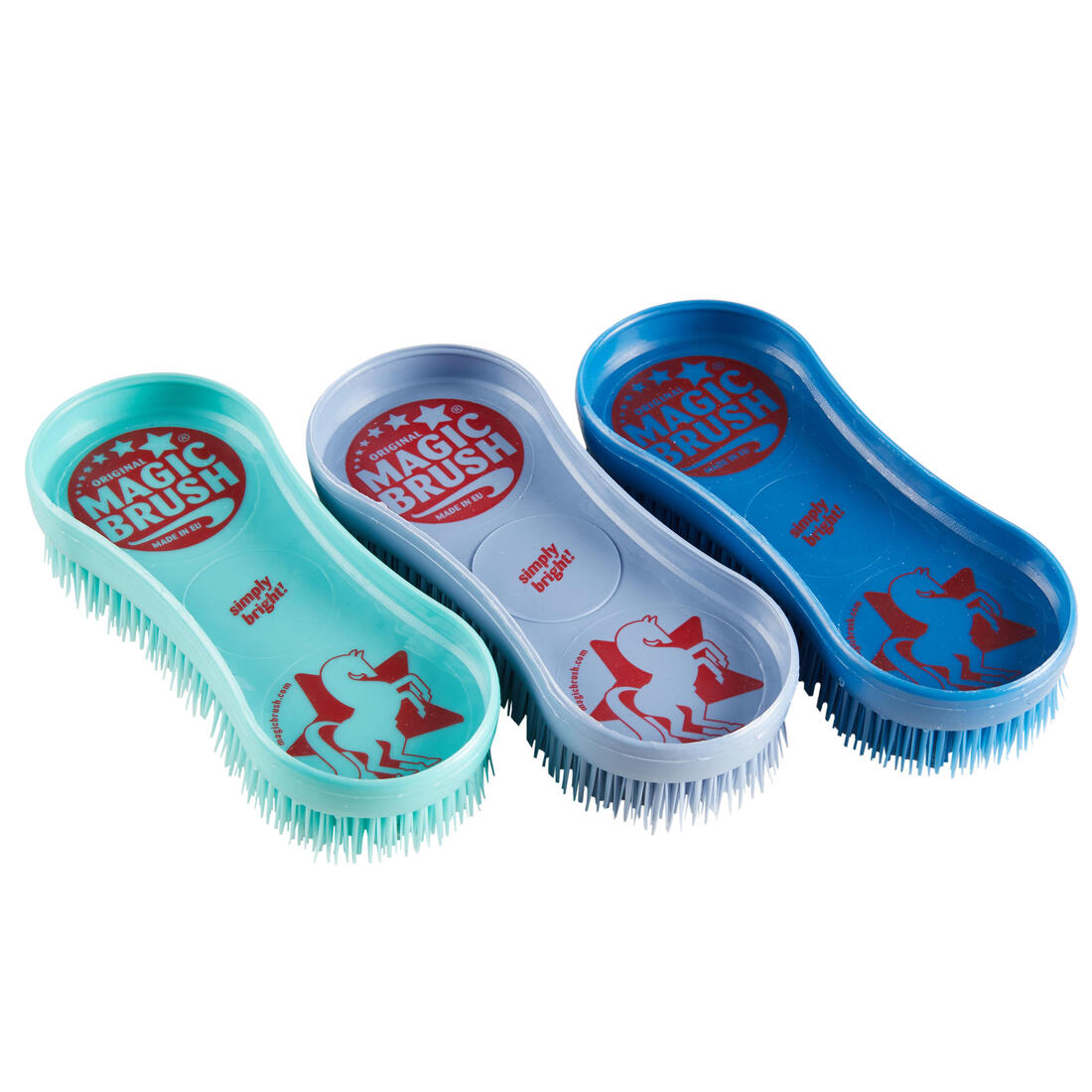 Brosses équitation MAGIC BRUSH lot de 3 brosses turquoise, mauve et bleu