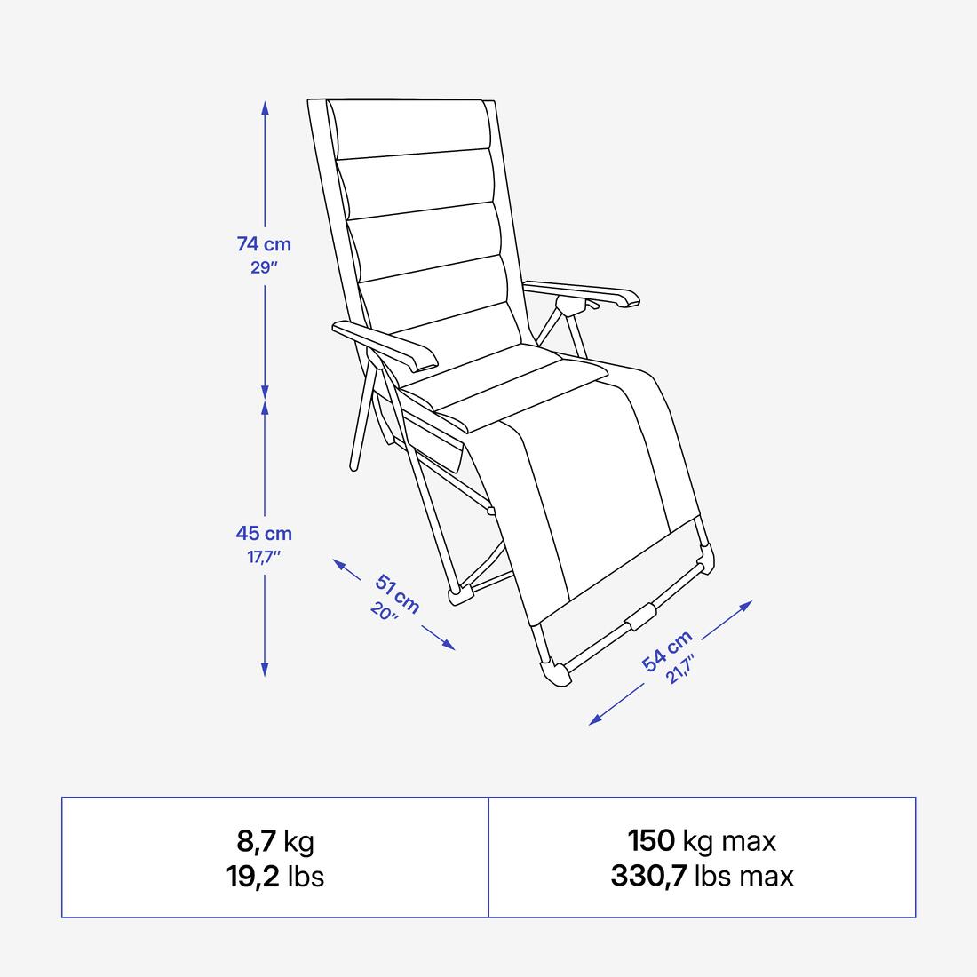 Fauteuil long de camping relax, pliant et matelassé, avec appuie tête