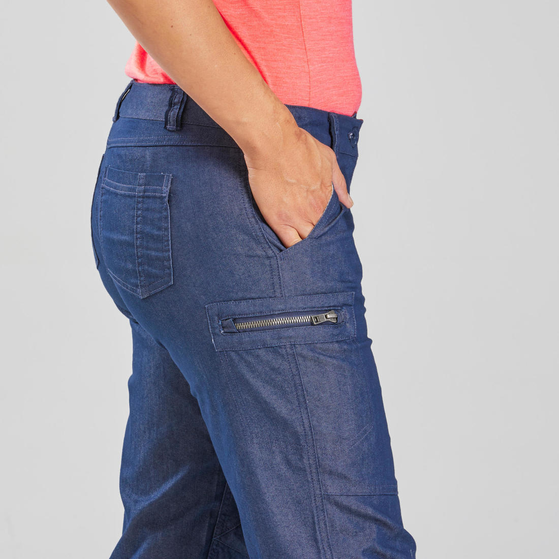 Pantalon de randonnée modulable femme, TRAVEL 100 Jeans Modul bleu