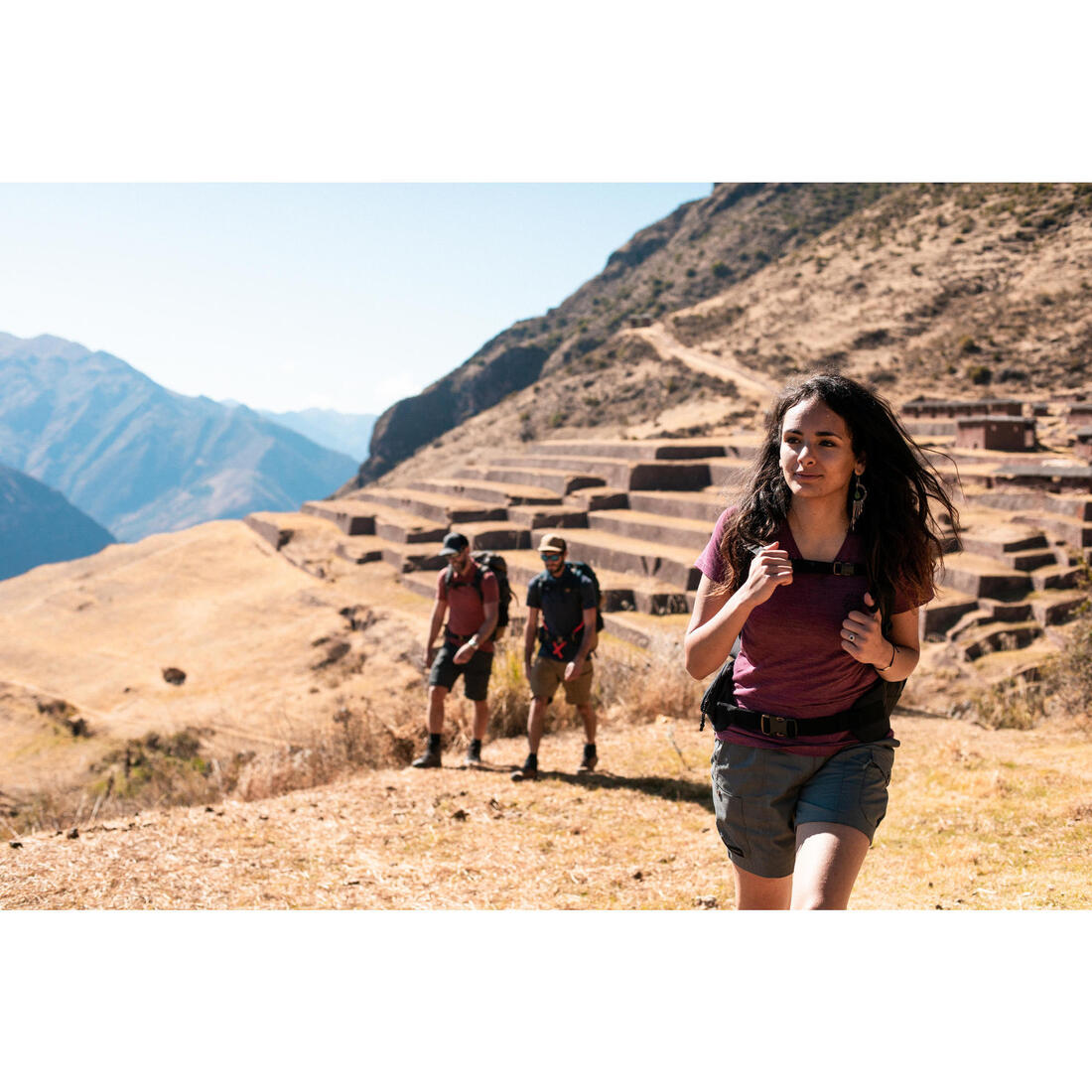 T-shirt de trek voyage - manches courtes - laine mérinos TRAVEL 100 bleu Femme