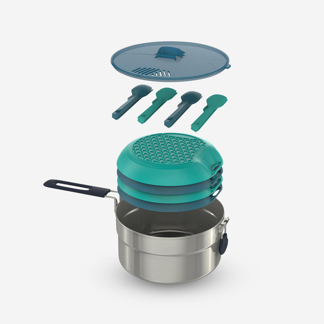 Popote 100 de camping en acier inox - 4 personnes - 18 éléments.