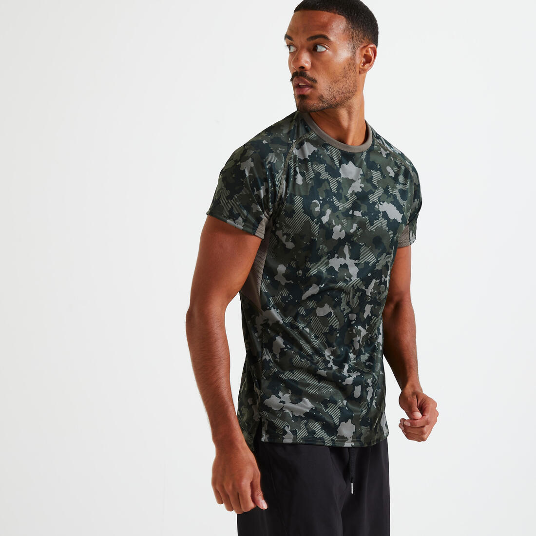T shirt technique fitness gris imprimé – kaki
