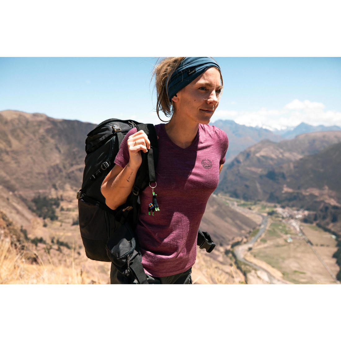 T-shirt de trek voyage - manches courtes - laine mérinos TRAVEL 100 bleu Femme