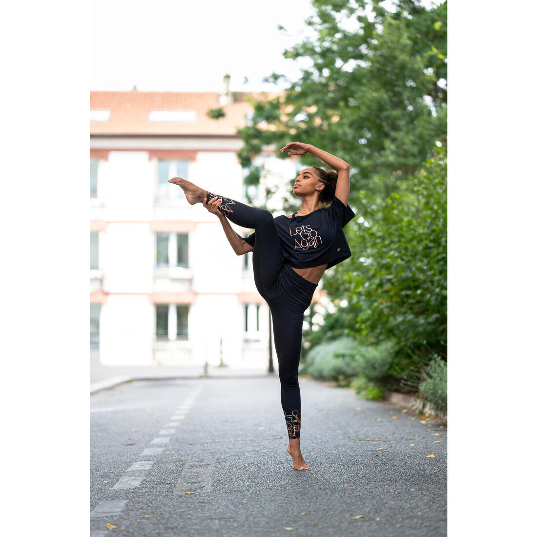 Legging danse moderne taille haute ceinture plate femme, noir fumé