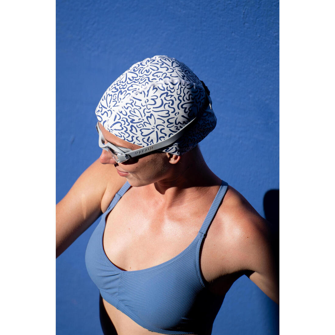 Bonnet de bain en maille enduite - tissu imprimé - taille m - vert line