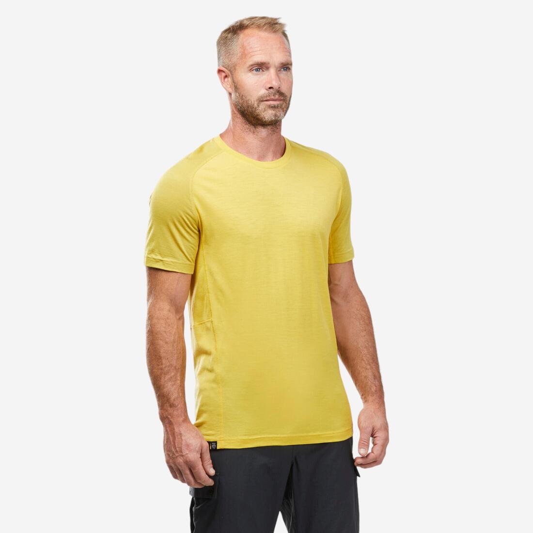 T-shirt de trek manches courtes en laine mérinos  - homme - mt500 – jaune miel
