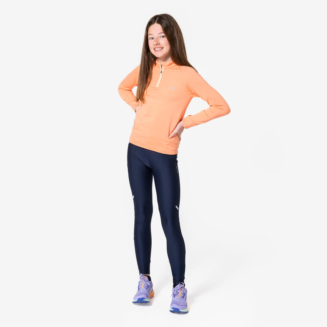 Maillot manches longues chaud 1/2 zip enfant d'athlétisme AT 100 corail fluo