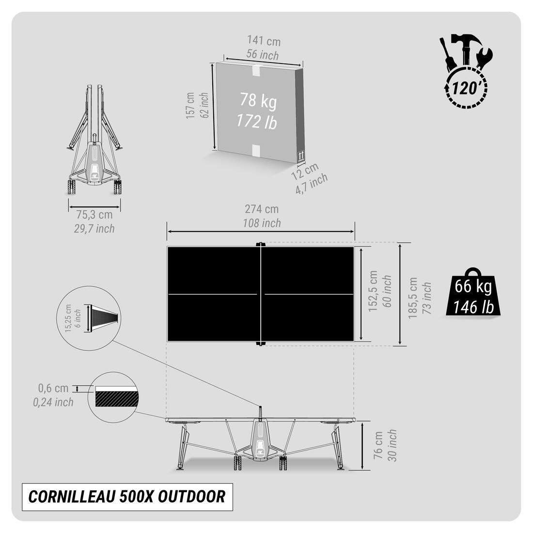 TABLE DE PING PONG EXTÉRIEURE 500X GRISE