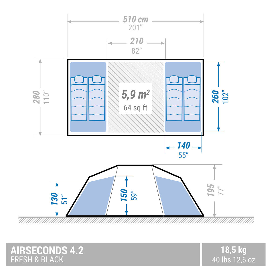 Tente de camping gonflable 4 places 2 chambres, Fresh & Black, Air Seconds 4.2