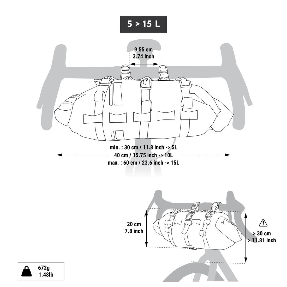 Sac étanche de guidon bikepacking 5 à 15L IPX6, ADVT 900