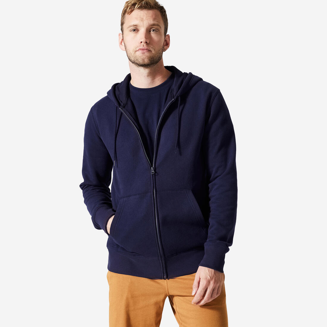 Sweat zippé à capuche de fitness en molleton homme – bleu noir